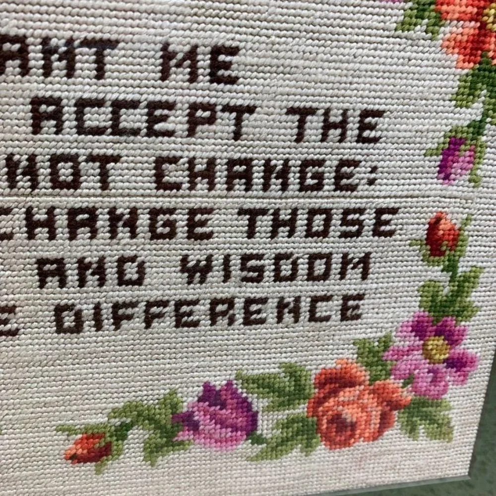 Large Finished Needlepoint Serenity Prayer Floral Framed Wall Hanging Recovery‎